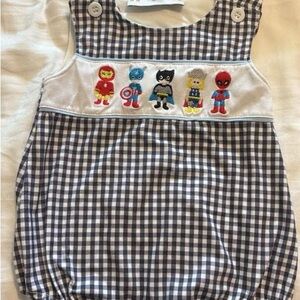 Gingham Baby Romper with Embroidered Superhero Panel